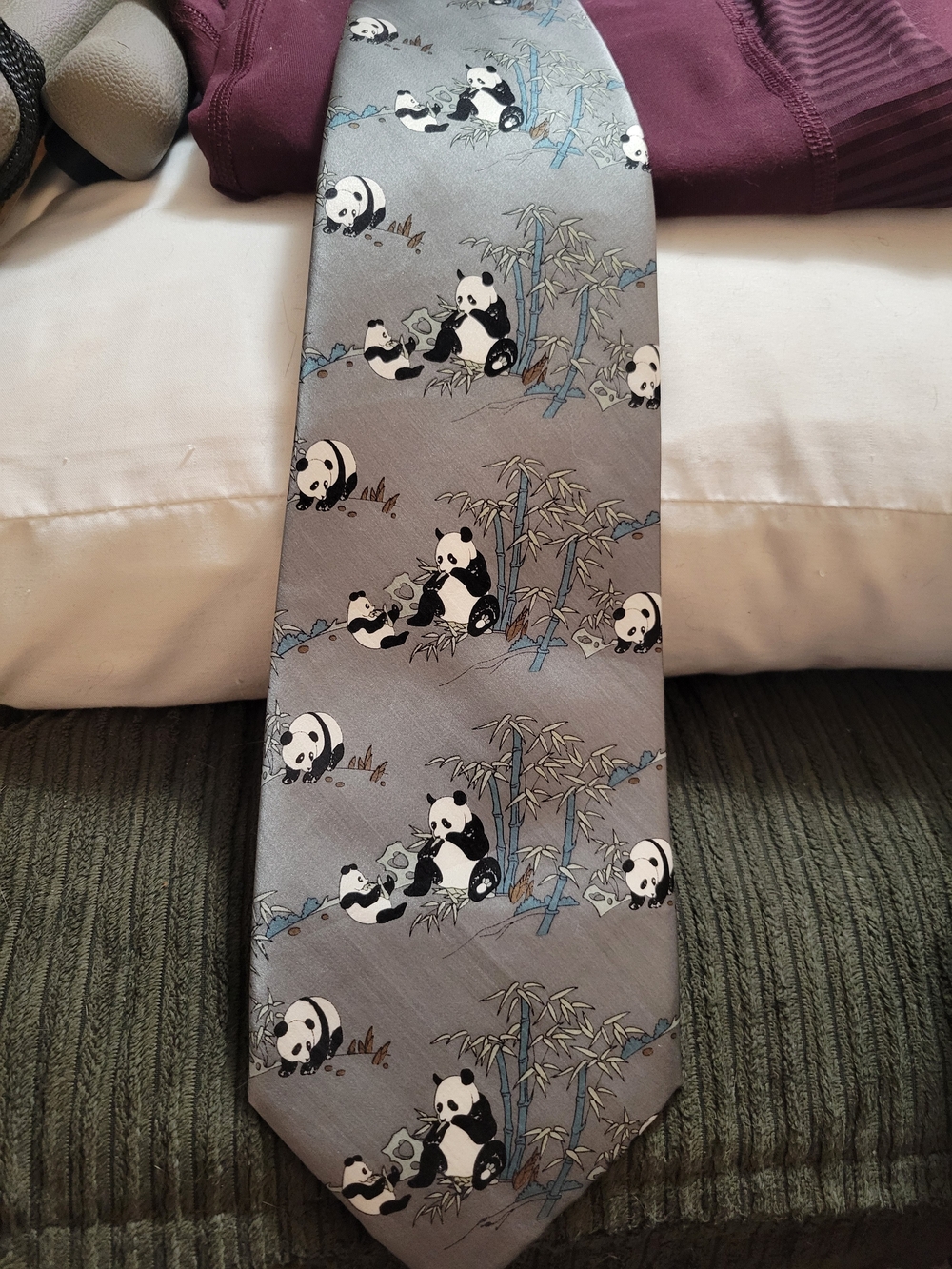 Panda Pattern Gray Silk Tie - Unbranded